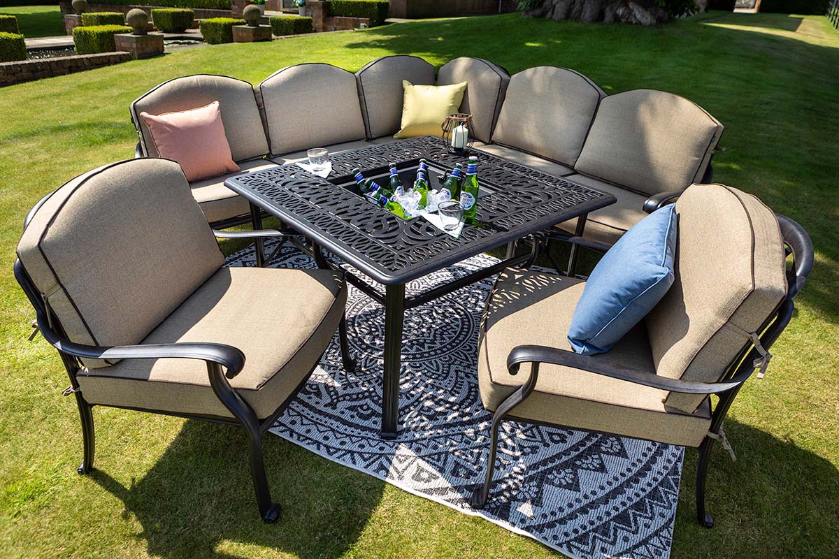 Amalfi Square Casual Dining Fire Pit Set with Lounge Chairs