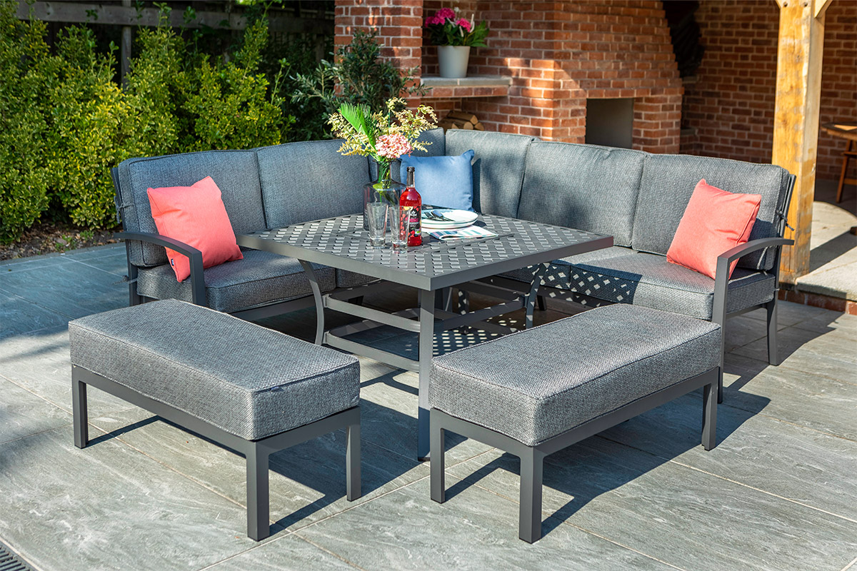 Rosario Square Casual Dining Set with Fire Pit Table and Benches