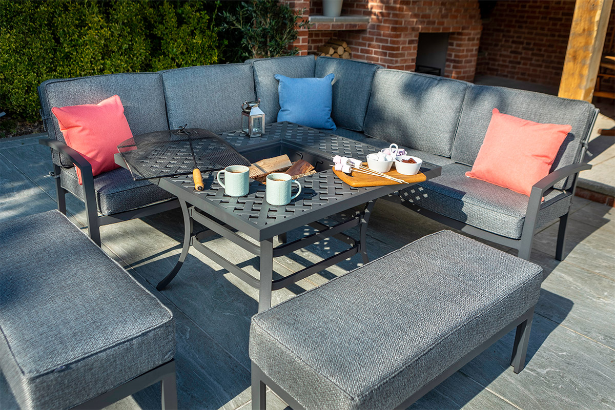 Rosario Square Casual Dining Set with Fire Pit Table and Benches