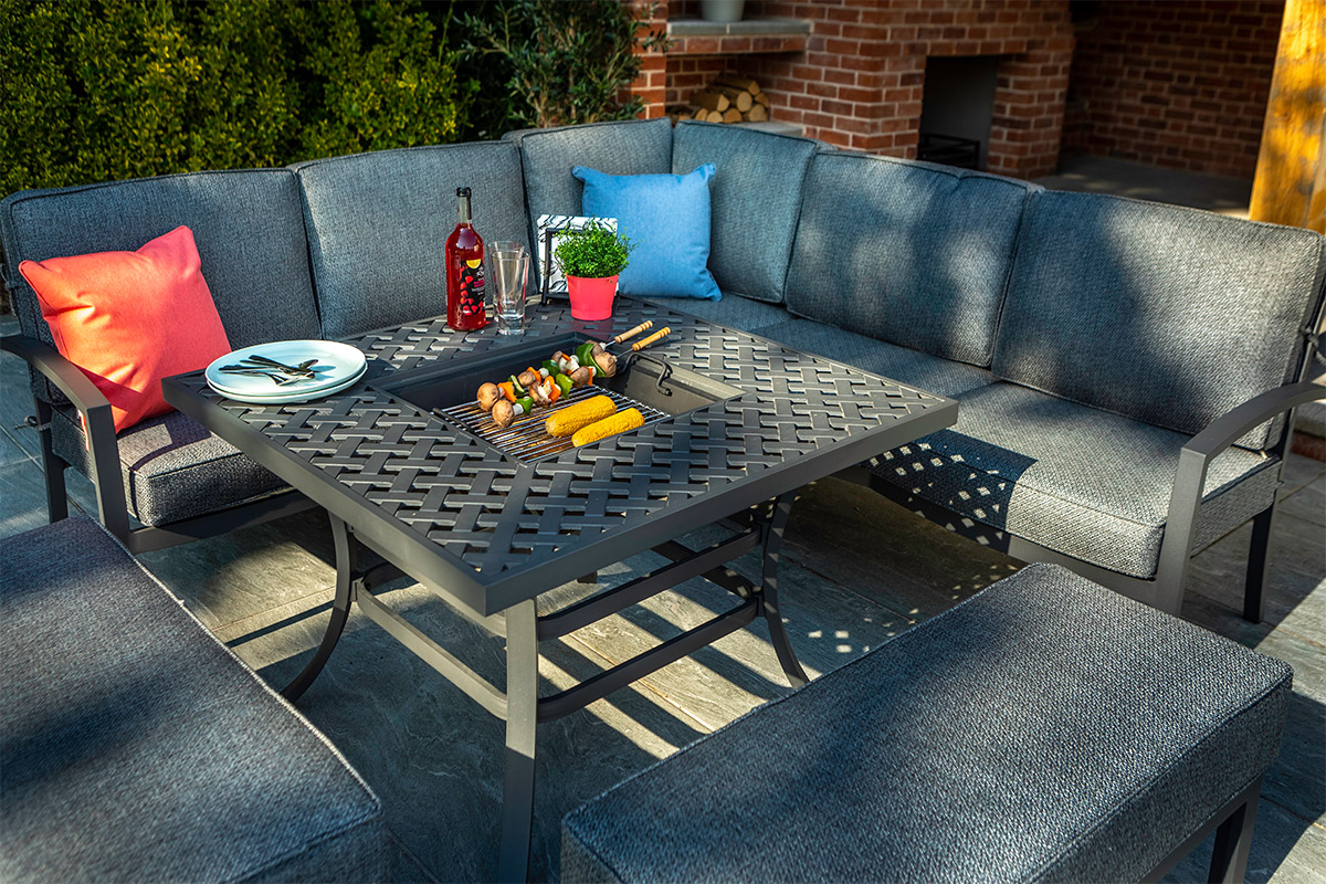 Rosario Square Casual Dining Set with Fire Pit Table and Benches