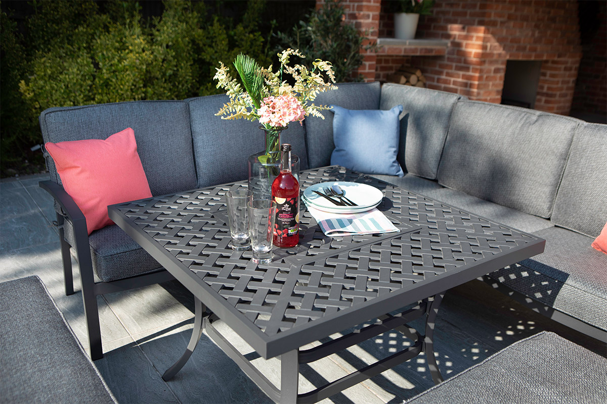 Rosario Square Casual Dining Set with Fire Pit Table and Benches