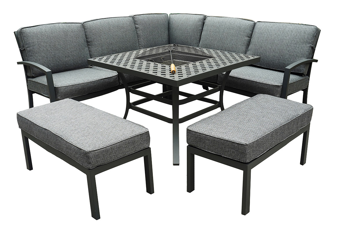 Rosario Square Casual Dining Set with Fire Pit Table and Benches
