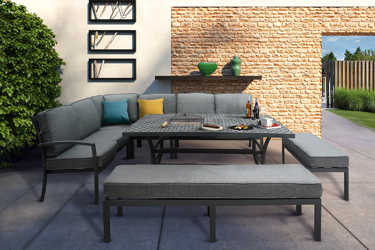 Rosario Rectangular Casual Dining Fire Pit Set with Benches