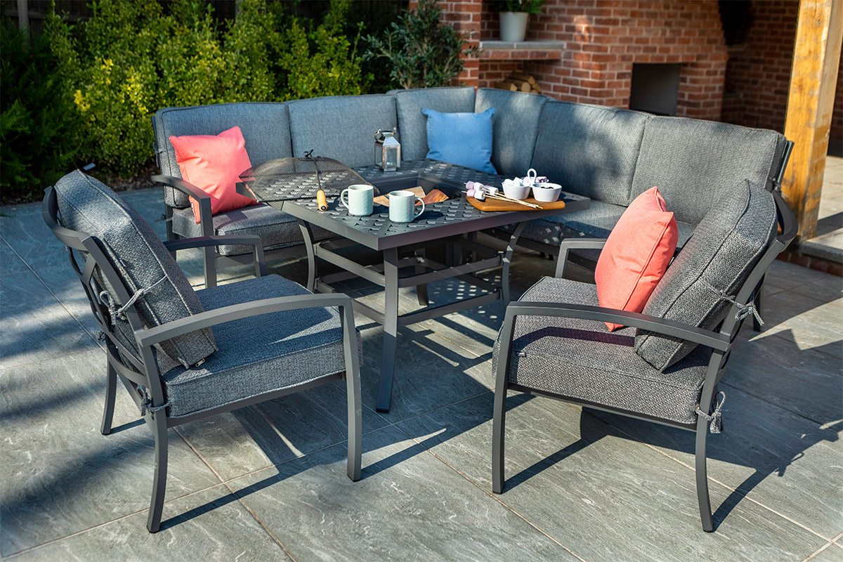 Rosario Square Casual Dining Set with Fire Pit Table and Lounge Chairs