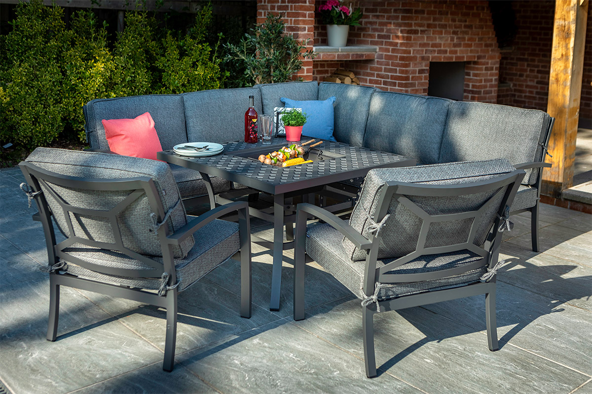 Rosario Square Casual Dining Set with Fire Pit Table and Lounge Chairs