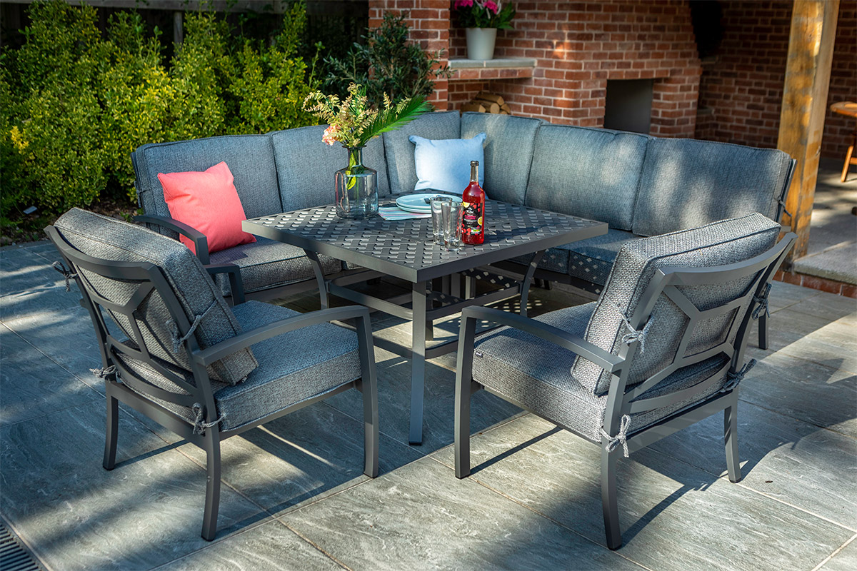Rosario Square Casual Dining Set with Fire Pit Table and Lounge Chairs