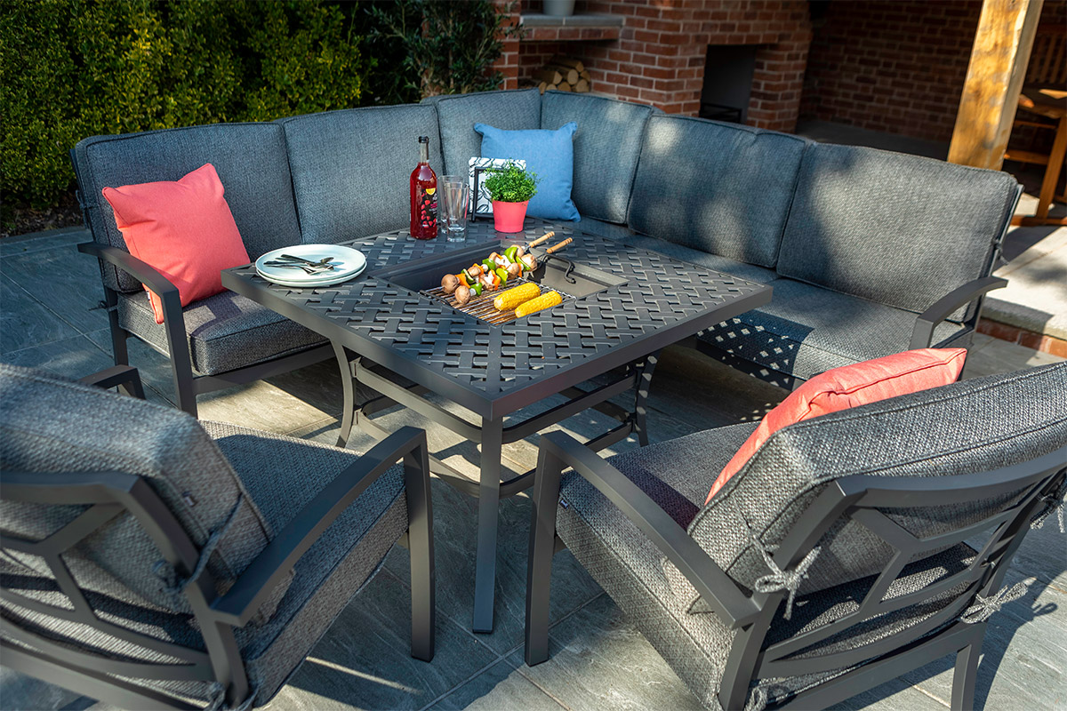 Rosario Square Casual Dining Set with Fire Pit Table and Lounge Chairs
