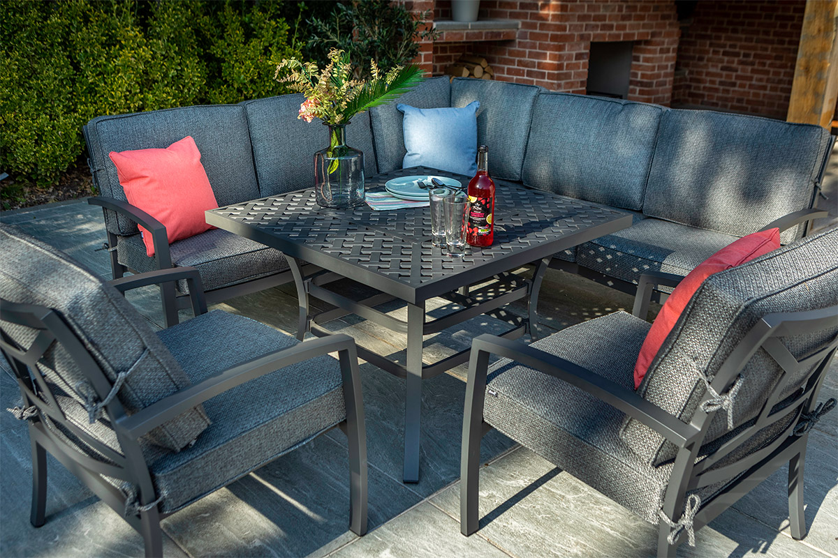 Rosario Square Casual Dining Set with Fire Pit Table and Lounge Chairs