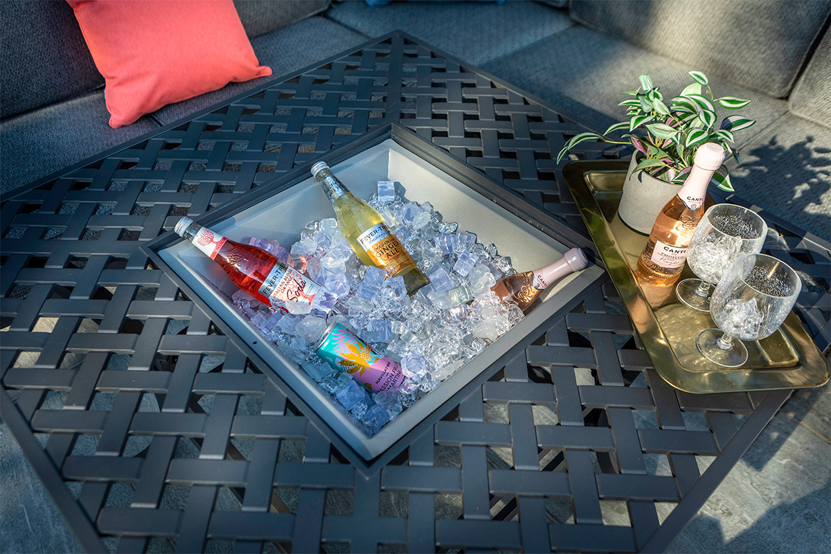Rosario Square Casual Dining Set with Fire Pit Table and Lounge Chairs