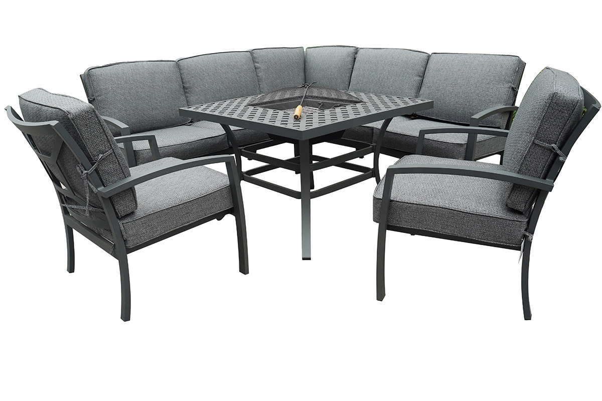 Rosario Square Casual Dining Set with Fire Pit Table and Lounge Chairs