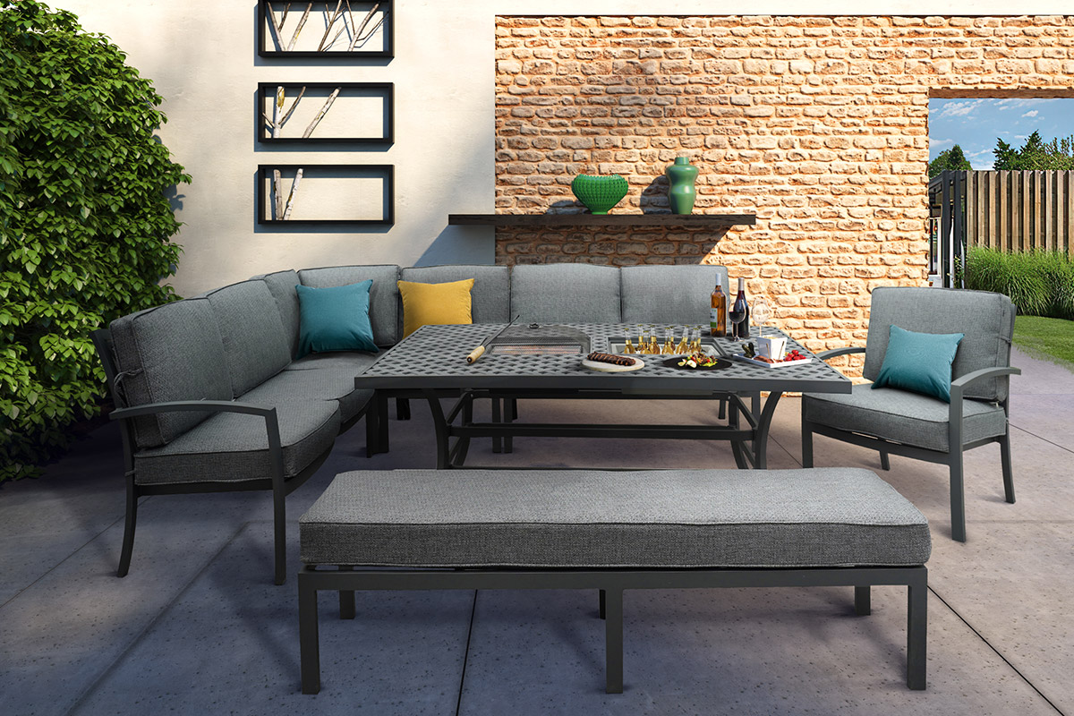 Rosario Rectangular Casual Dining Fire Pit Set with Lounge Chairs