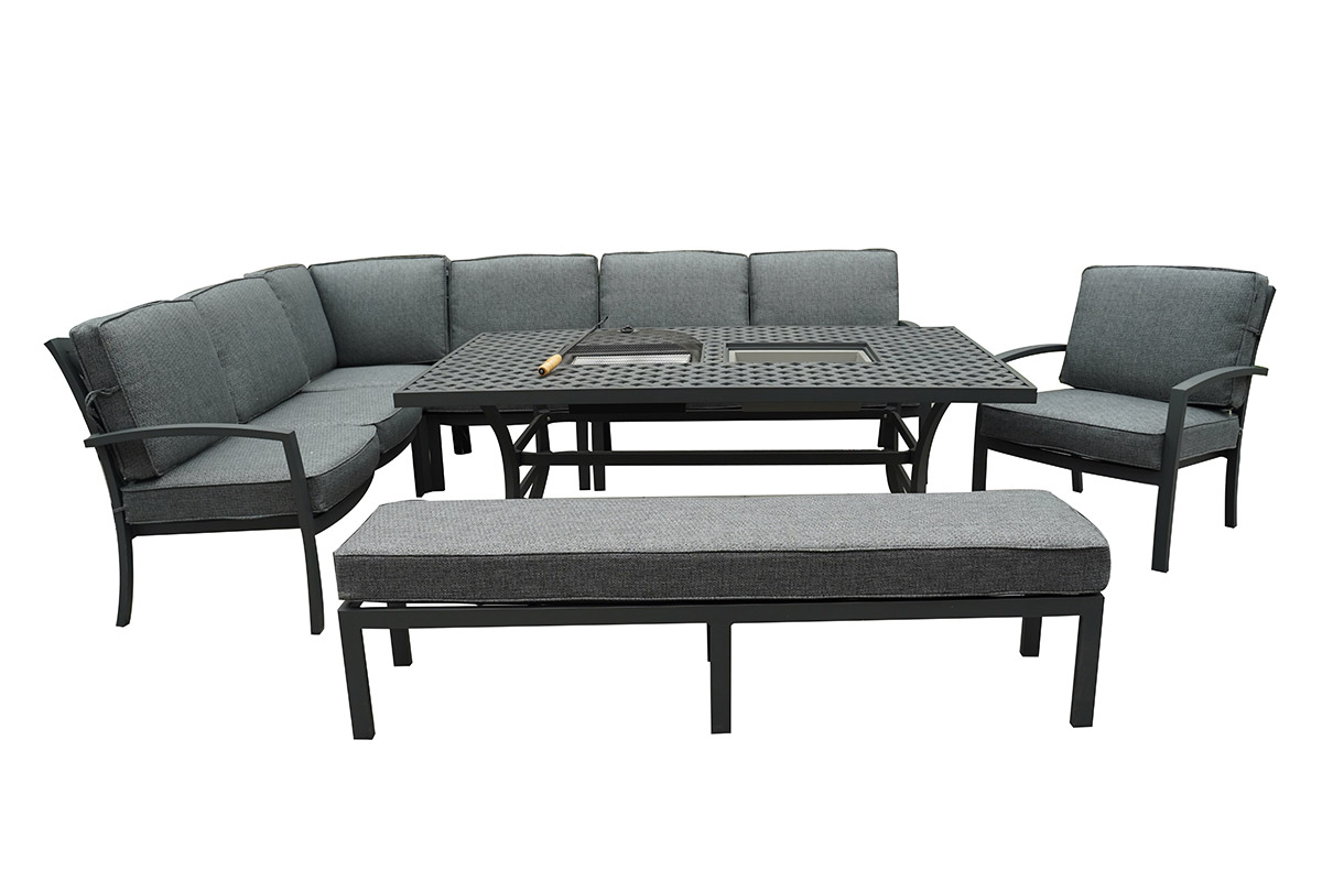 Rosario Rectangular Casual Dining Fire Pit Set with Lounge Chairs