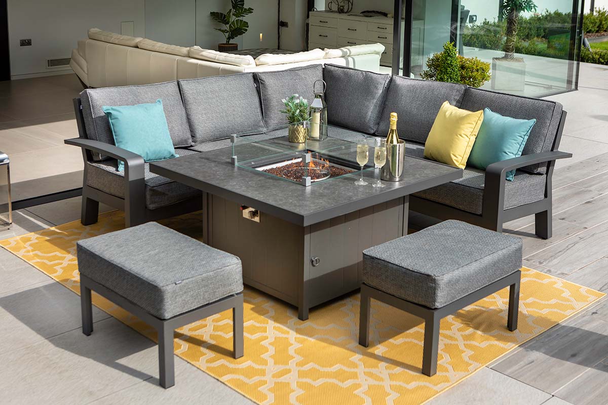 Aurora Square Casual Dining Set with Gas Fire Pit Table and Benches