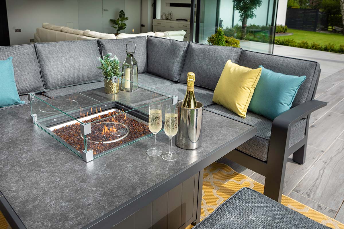 Aurora Square Casual Dining Set with Gas Fire Pit Table and Benches