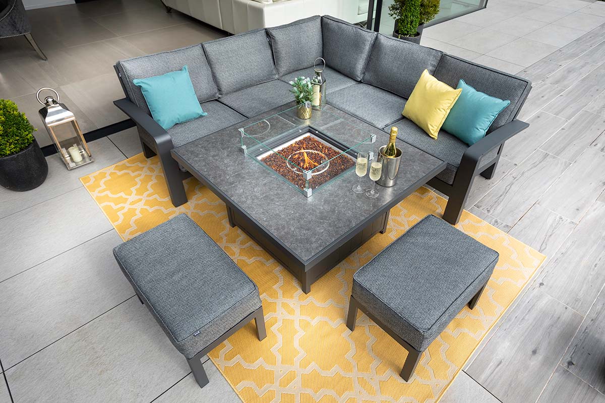 Aurora Square Casual Dining Set with Gas Fire Pit Table and Benches