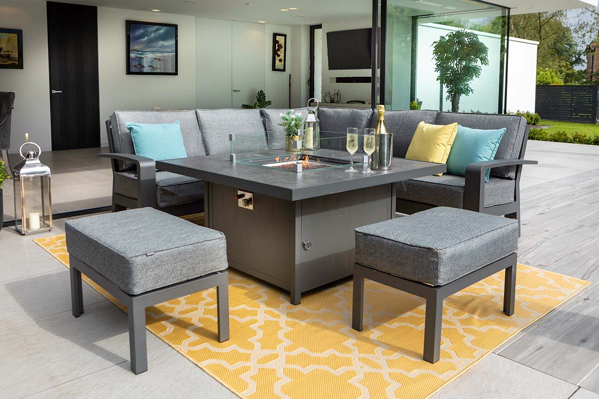 Aurora Square Casual Dining Set with Gas Fire Pit Table and Benches