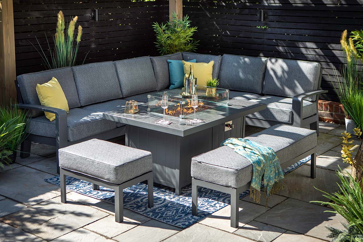 Aurora Rectangular Casual Dining Set with Gas Fire Pit Table and Benches
