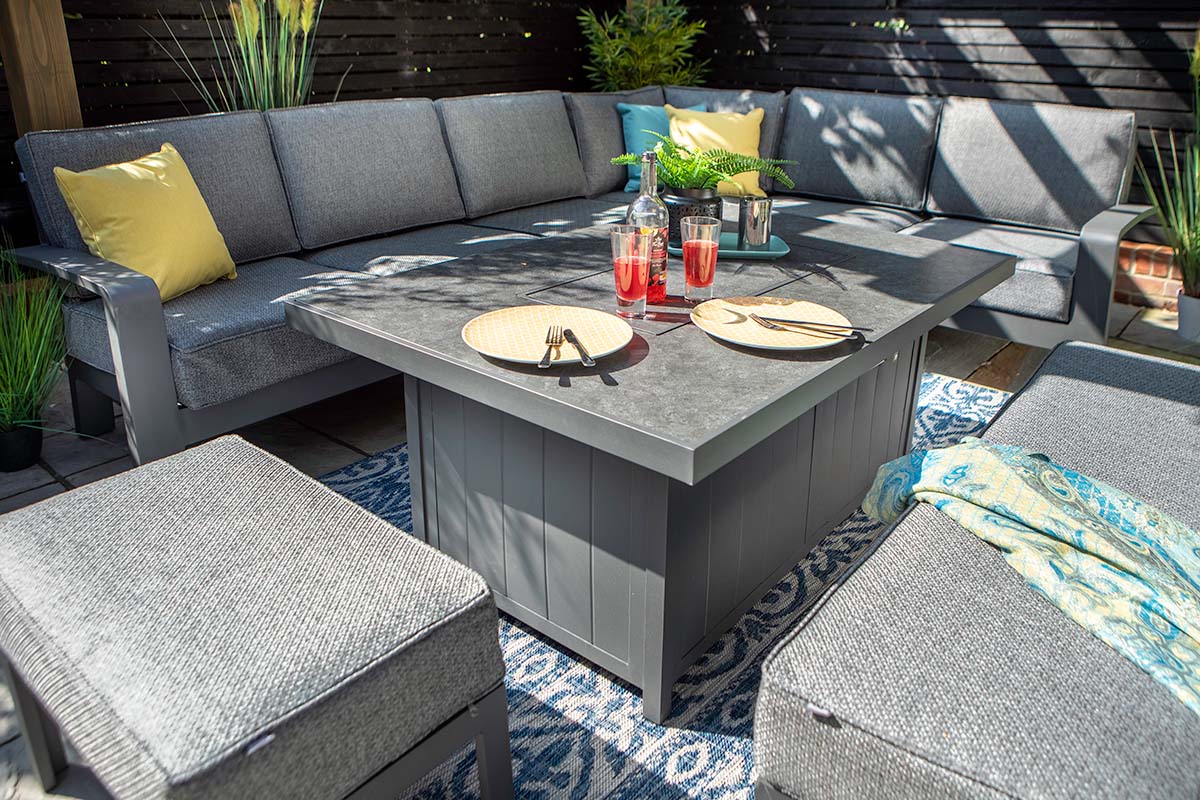 Aurora Rectangular Casual Dining Set with Gas Fire Pit Table and Benches