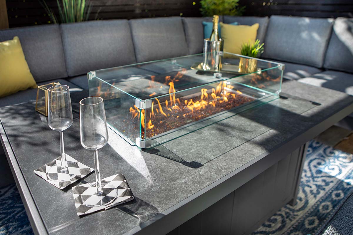 Aurora Rectangular Casual Dining Set with Gas Fire Pit Table and Benches