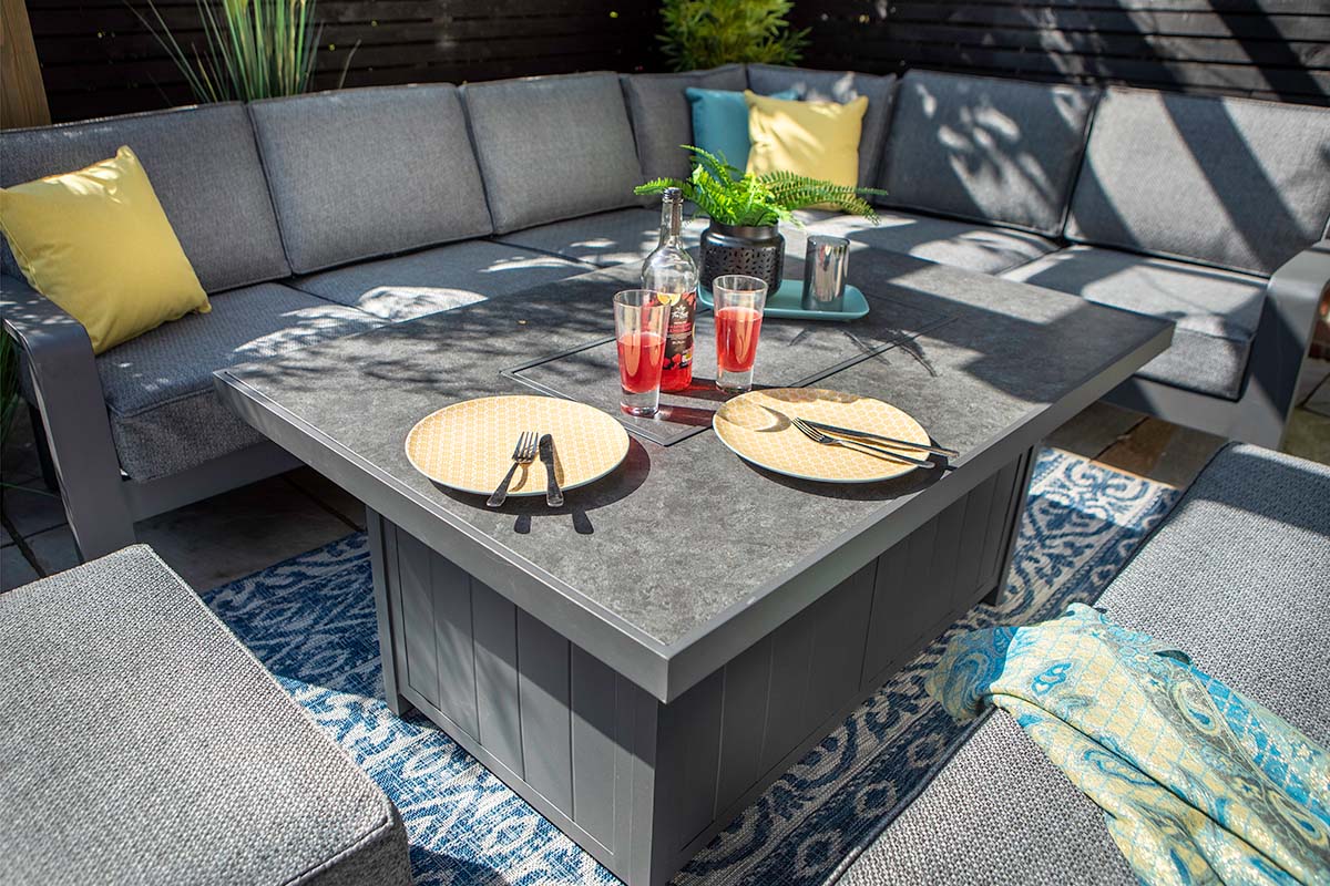 Aurora Rectangular Casual Dining Set with Gas Fire Pit Table and Benches