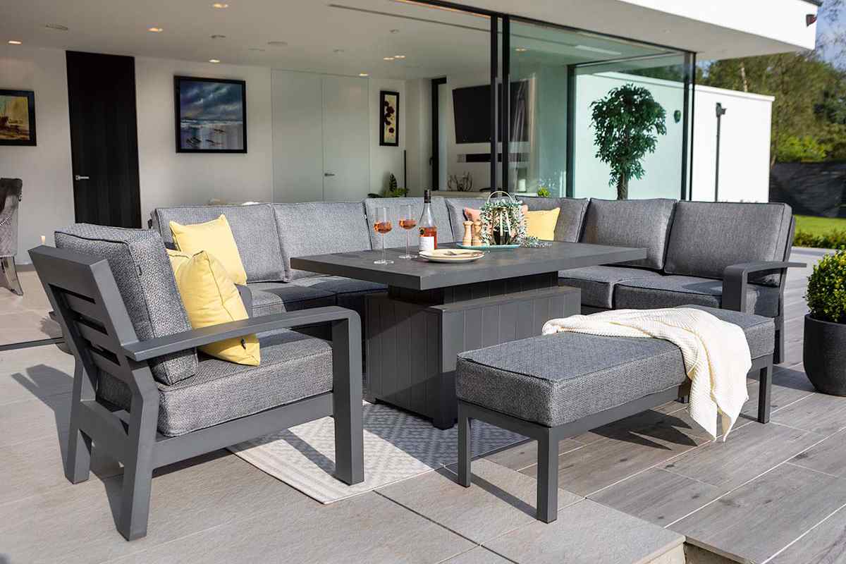 Aurora Rectangular Casual Dining Set with Gas Pump Adjustable Table and 3 Seat Bench and Lounge Chair
