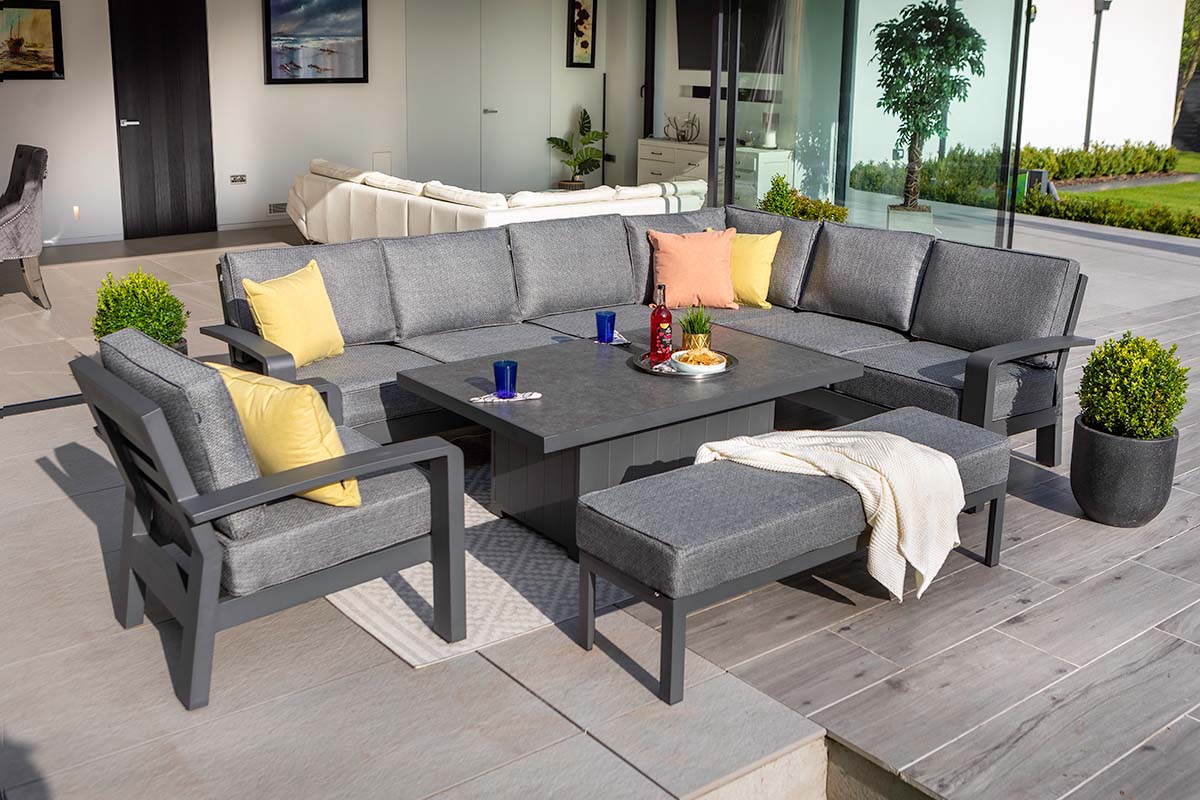Aurora Rectangular Casual Dining Set with Gas Pump Adjustable Table and 3 Seat Bench and Lounge Chair