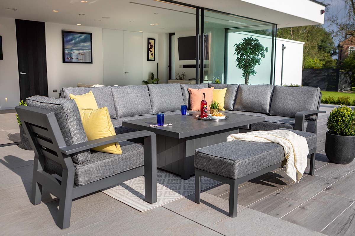 Aurora Rectangular Casual Dining Set with Gas Pump Adjustable Table and 3 Seat Bench and Lounge Chair