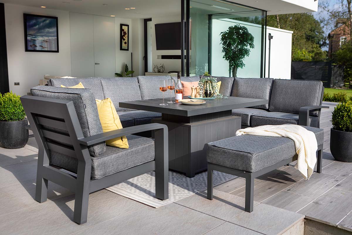 Aurora Rectangular Casual Dining Set with Gas Pump Adjustable Table and 3 Seat Bench and Lounge Chair