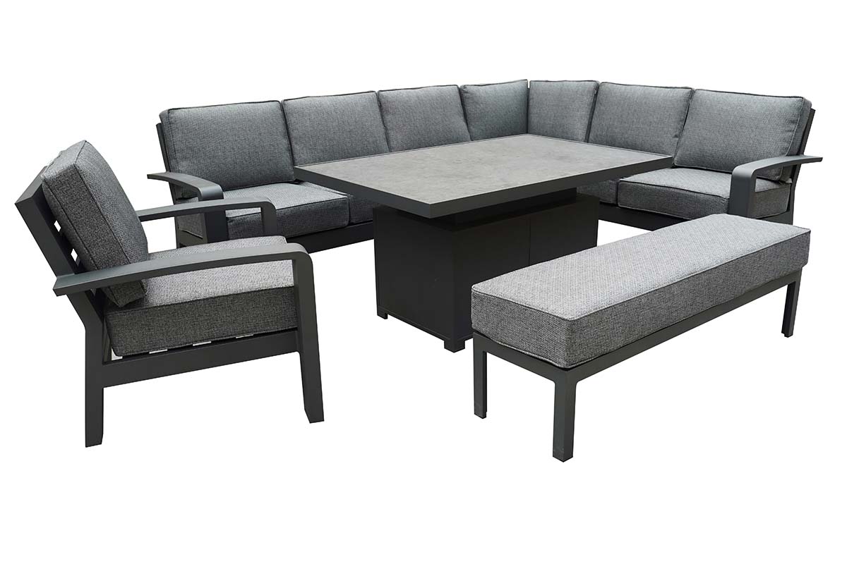 Aurora Rectangular Casual Dining Set with Gas Pump Adjustable Table and 3 Seat Bench and Lounge Chair