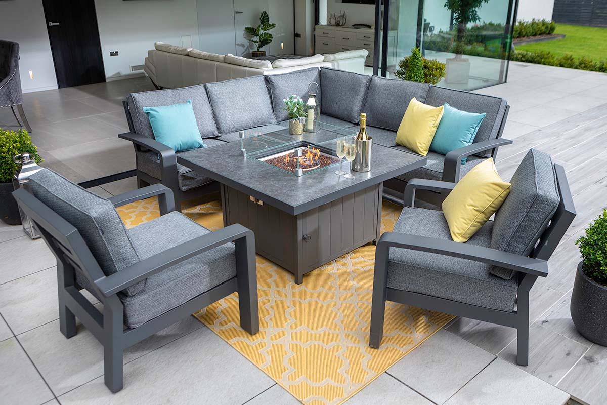 Aurora Square Casual Dining Set with Gas Fire Pit Table and Lounge Chairs