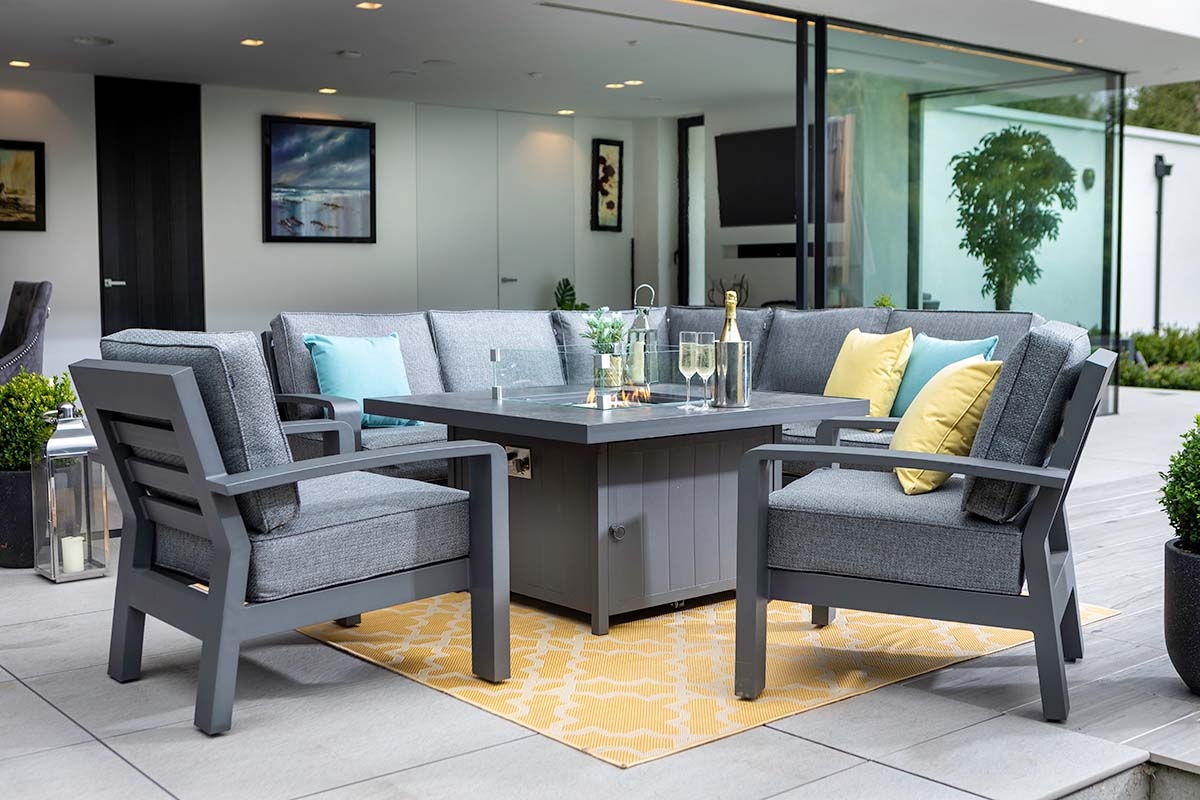 Aurora Square Casual Dining Set with Gas Fire Pit Table and Lounge Chairs