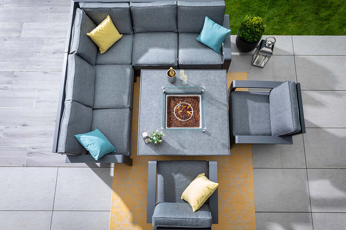 Aurora Square Casual Dining Set with Gas Fire Pit Table and Lounge Chairs