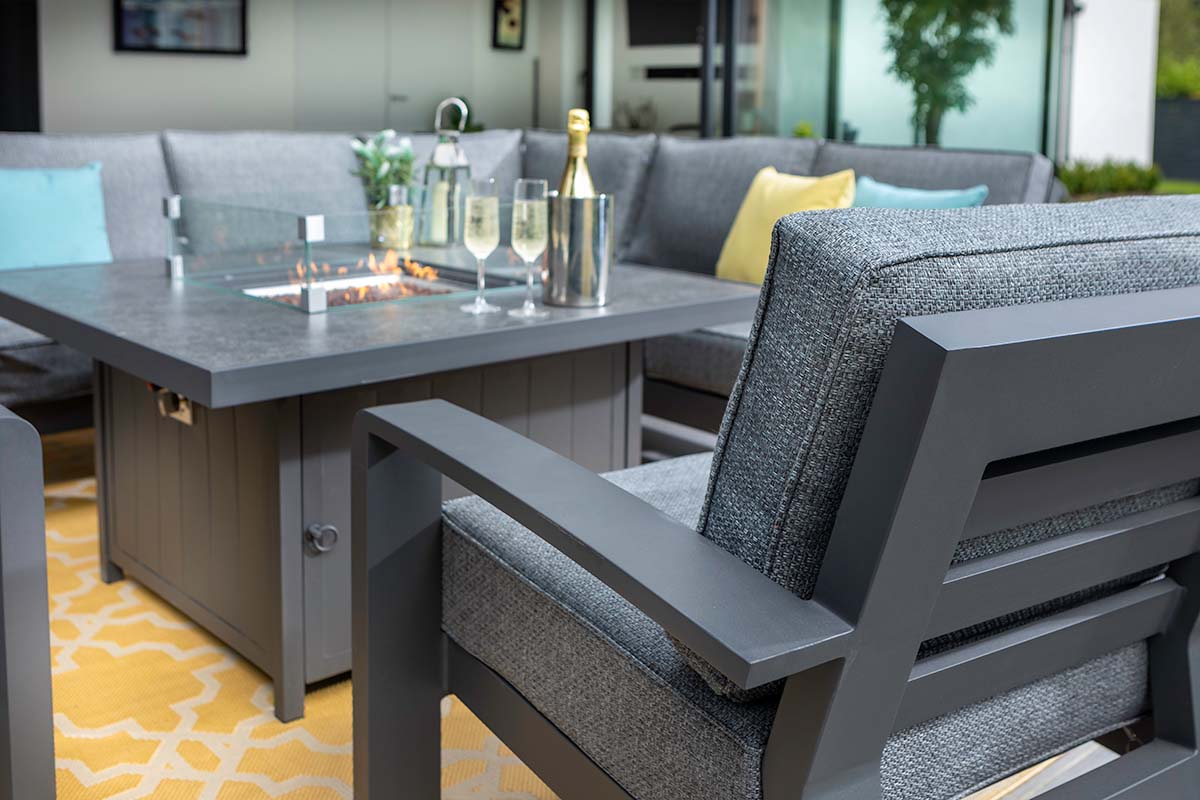 Aurora Square Casual Dining Set with Gas Fire Pit Table and Lounge Chairs
