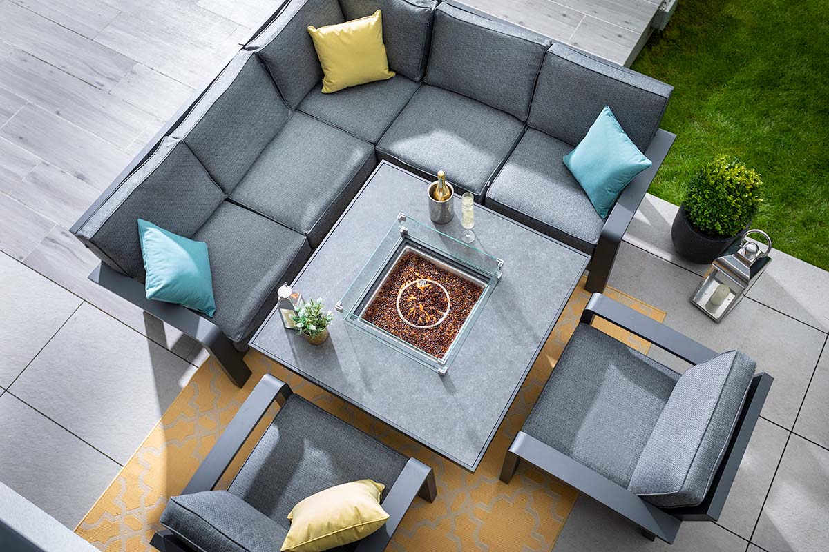 Aurora Square Casual Dining Set with Gas Fire Pit Table and Lounge Chairs