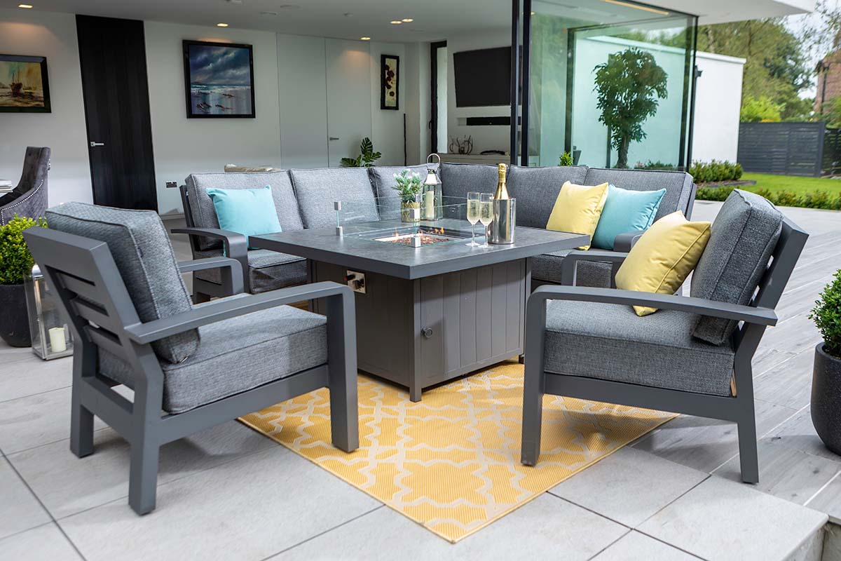 Aurora Square Casual Dining Set with Gas Fire Pit Table and Lounge Chairs