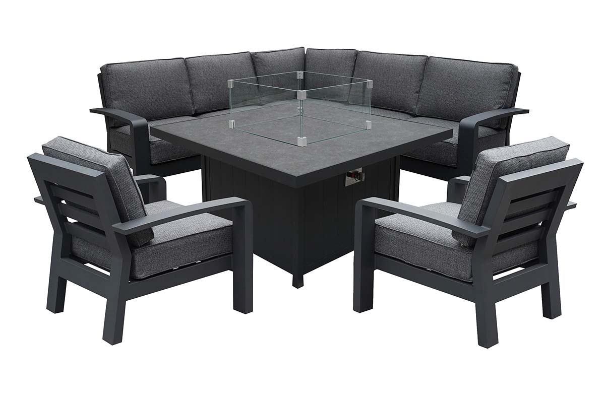 Aurora Square Casual Dining Set with Gas Fire Pit Table and Lounge Chairs