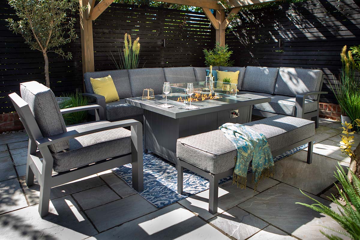 Aurora Rectangular Casual Dining Set with Gas Fire Pit Table and 3 Seat Bench and Lounge Chair