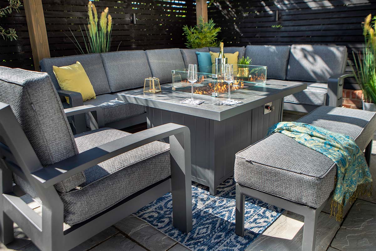 Aurora Rectangular Casual Dining Set with Gas Fire Pit Table and 3 Seat Bench and Lounge Chair