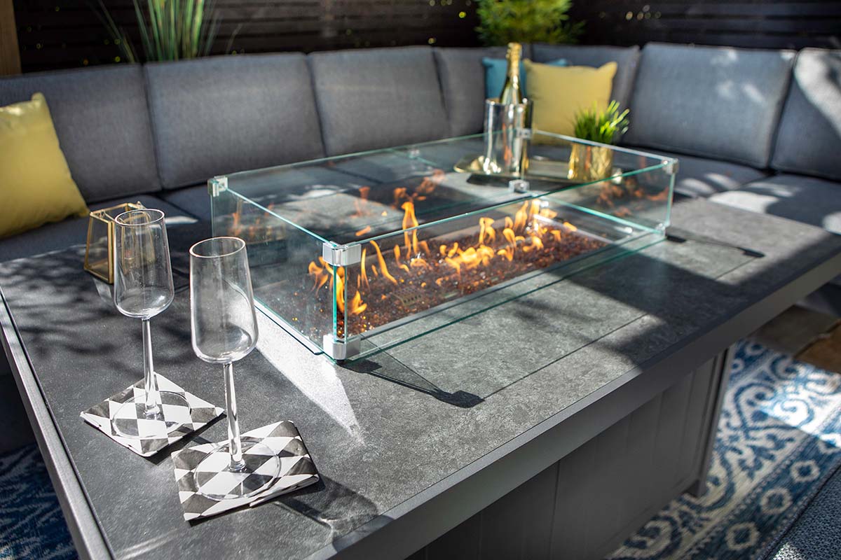 Aurora Rectangular Casual Dining Set with Gas Fire Pit Table and 3 Seat Bench and Lounge Chair