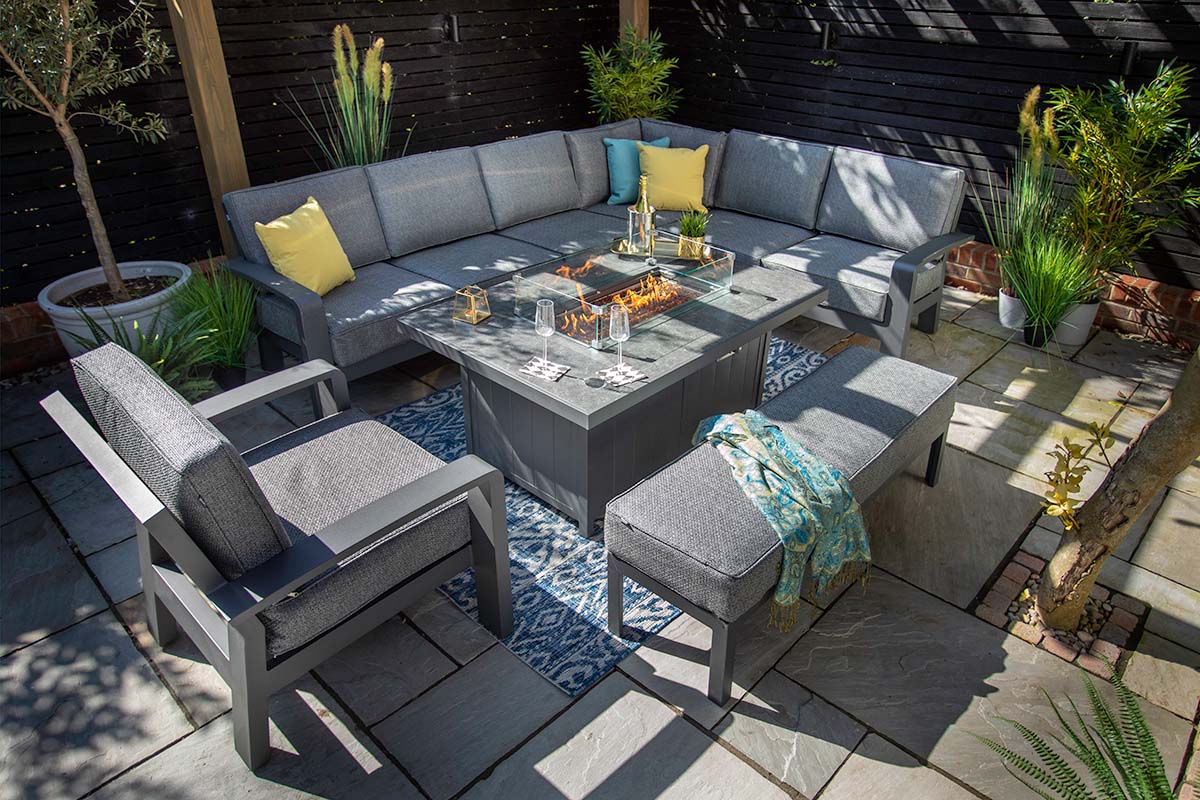 Aurora Rectangular Casual Dining Set with Gas Fire Pit Table and 3 Seat Bench and Lounge Chair