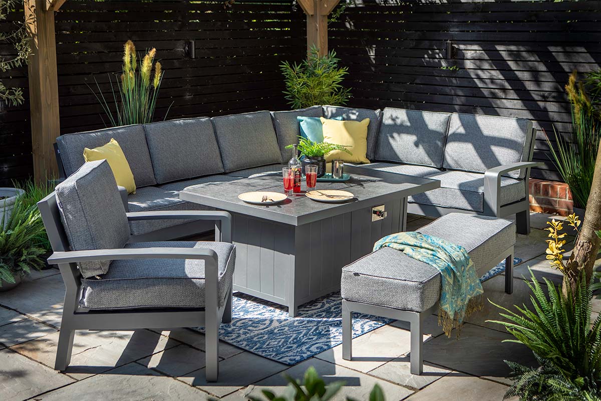 Aurora Rectangular Casual Dining Set with Gas Fire Pit Table and 3 Seat Bench and Lounge Chair