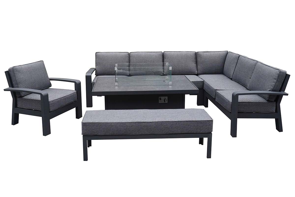 Aurora Rectangular Casual Dining Set with Gas Fire Pit Table and 3 Seat Bench and Lounge Chair