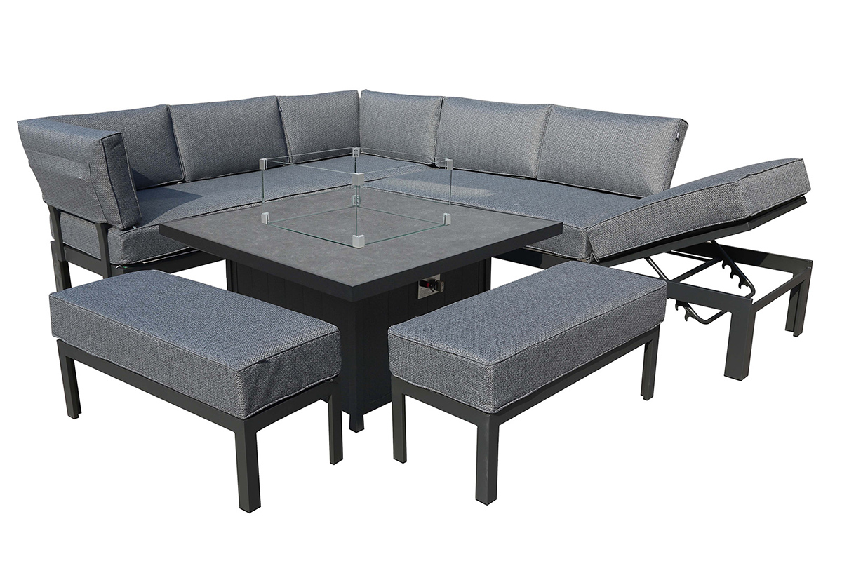 Aurora Comfort Corner Casual Dining Set with Integrated Lounger and Gas Fire Pit Table