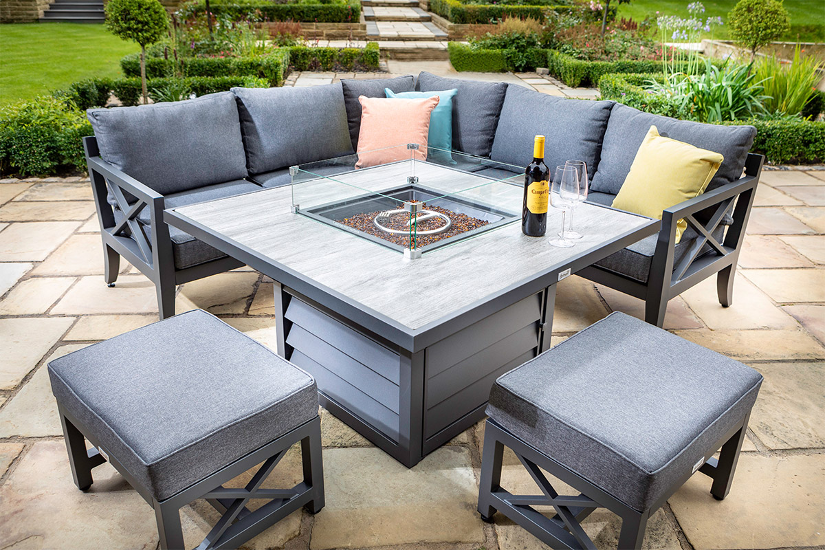Sorrento Square Casual Dining Set with Gas Fire Pit Table and Stools Sorrento Aluminium Garden Furniture