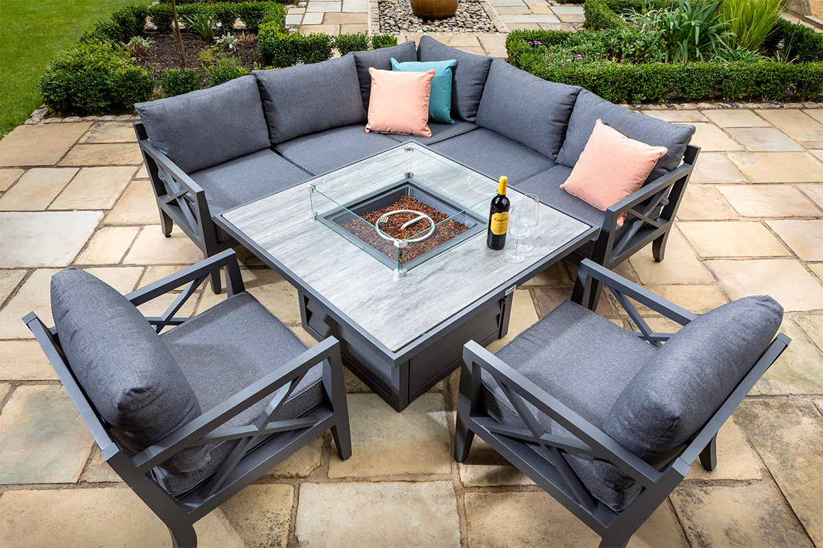 Sorrento Square Casual Dining Set with Gas Fire Pit Table and Lounge Chairs