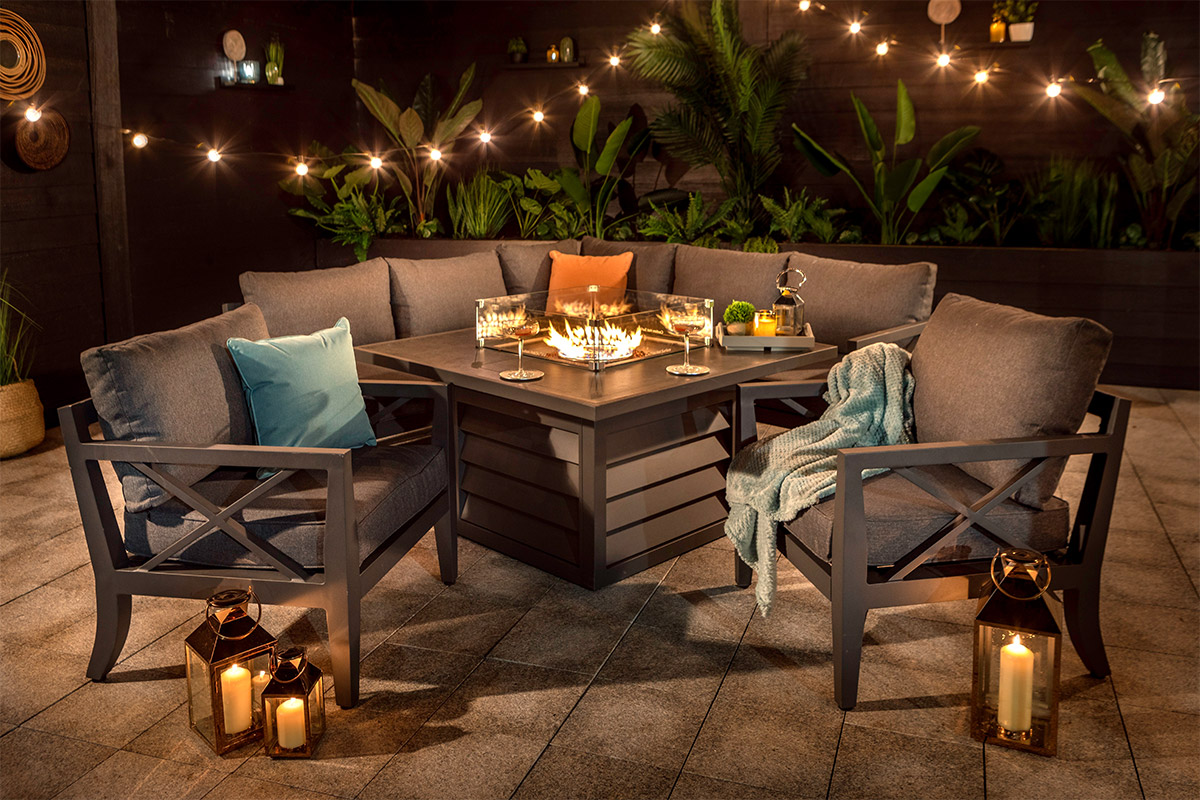 Sorrento Square Casual Dining Set with Gas Fire Pit Table and Lounge Chairs
