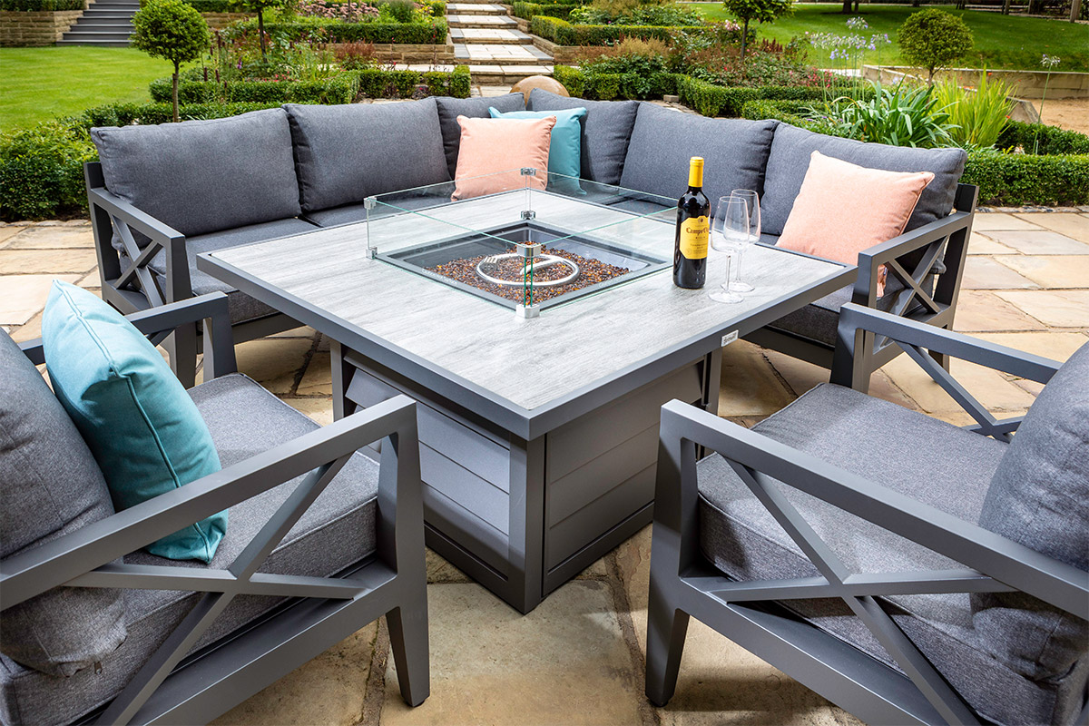 Sorrento Square Casual Dining Set with Gas Fire Pit Table and Lounge Chairs