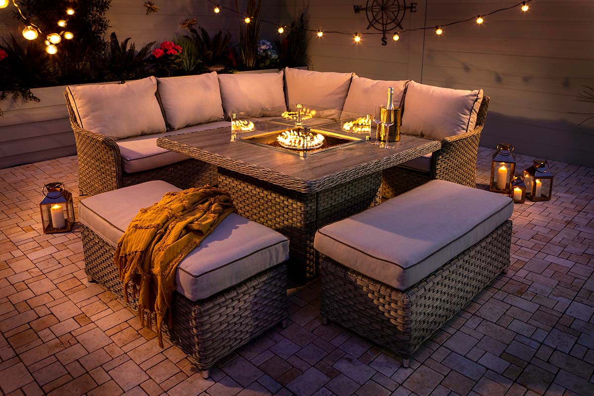 Heritage Grand Square Casual Dining Set with Gas Fire Pit Table 