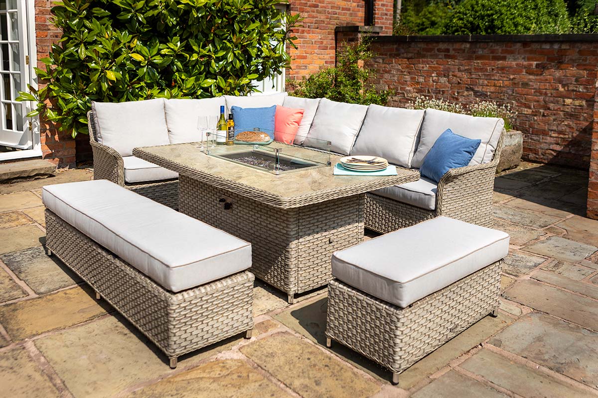 Heritage Grand Rectangular Casual Dining Set with Gas Fire Pit Table 