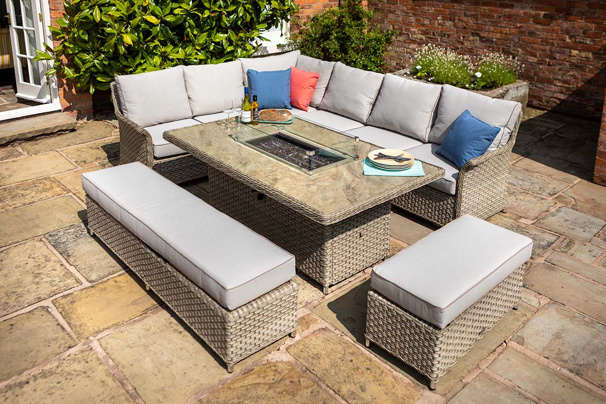 Heritage Grand Rectangular Casual Dining Set with Gas Fire Pit Table 